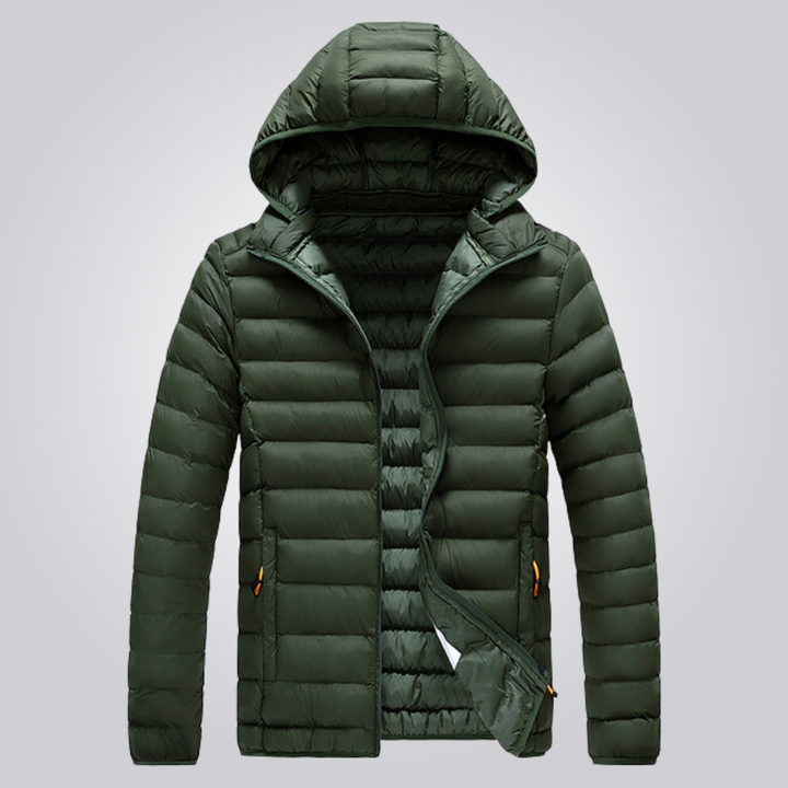 Man wearing warm men's outdoor puffer jacket & detachable hood, ready for cold weather adventures.