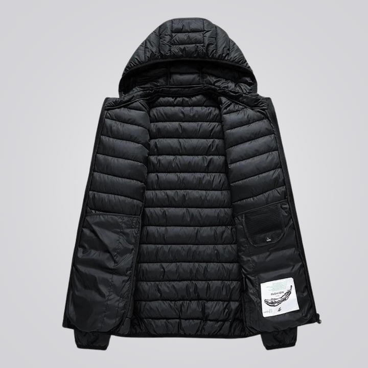 Men's warm outdoor puffer jacket with detachable hood, perfect for cold weather winter activities.