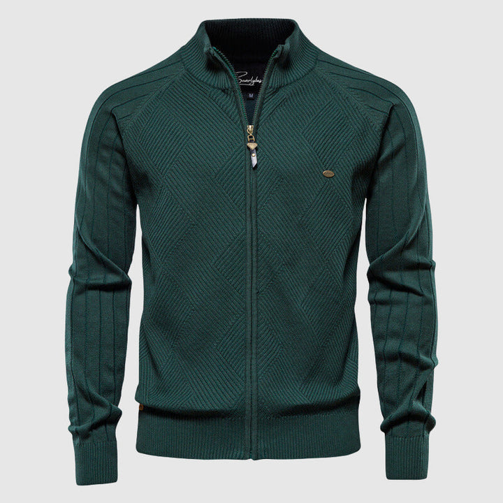Back view of men's modern full-zip cardigan sweater. Comfortable knitwear, perfect for winter layering & smart casual style.