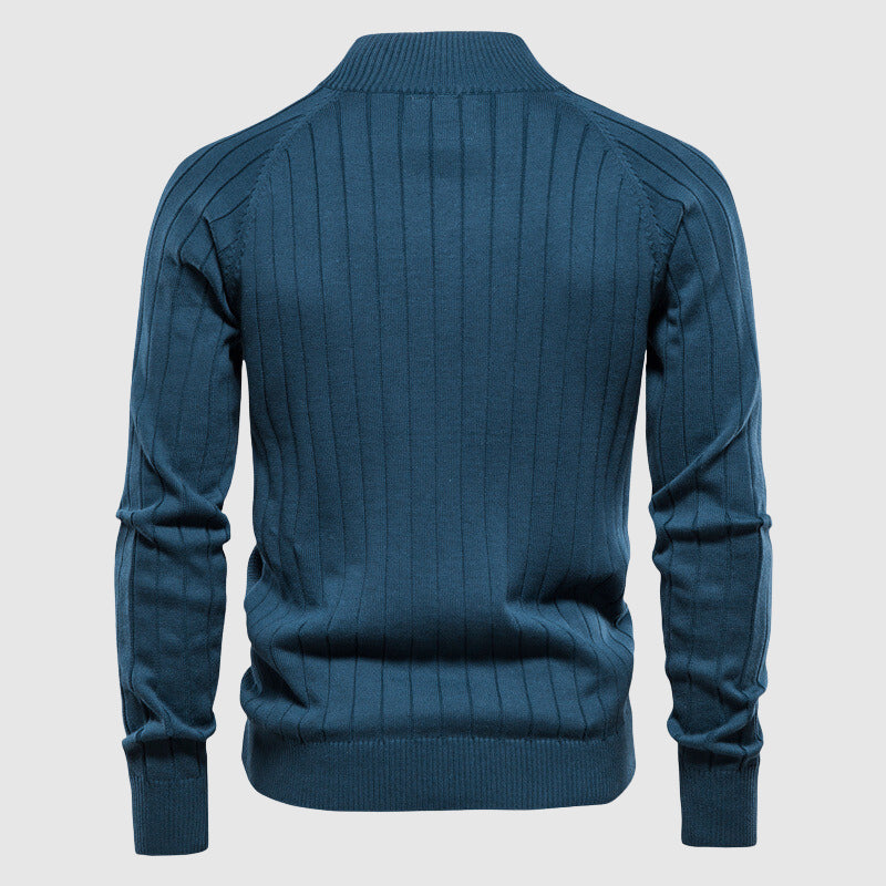 Close-up of men's full-zip cardigan sweater fabric. Comfortable knit texture, perfect for smart casual autumn & winter layering.