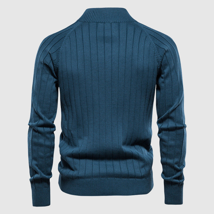 Close-up of men's full-zip cardigan sweater fabric. Comfortable knit texture, perfect for smart casual autumn & winter layering.