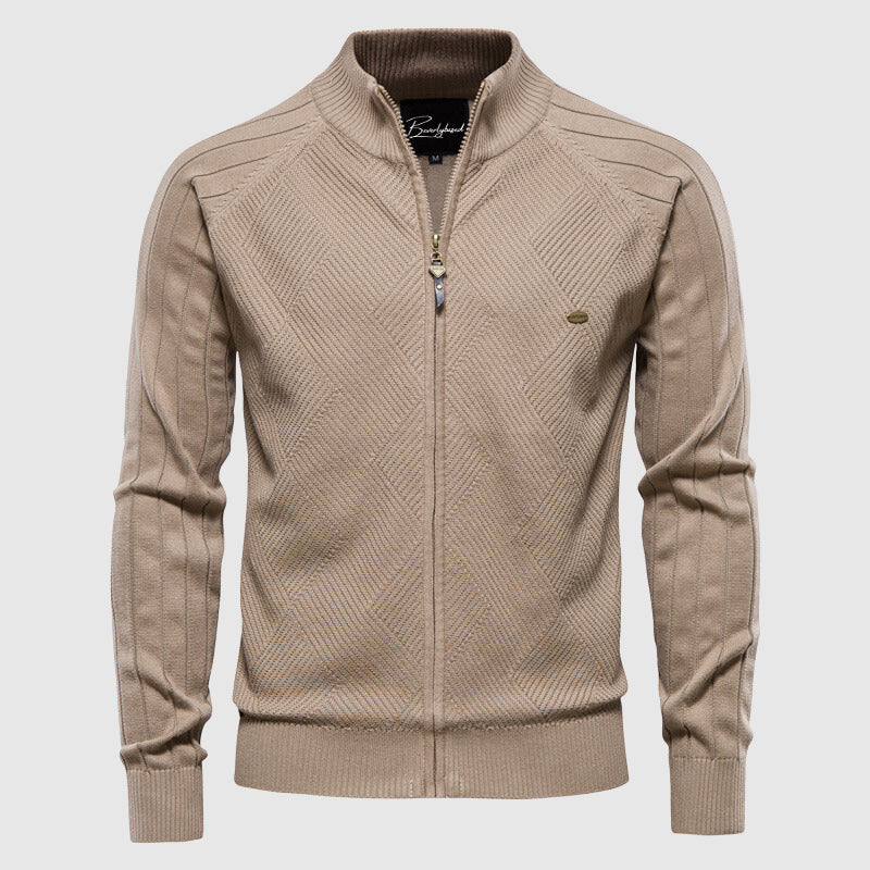 Man in a comfortable full-zip cardigan sweater, side profile. Versatile men's knitwear for casual autumn & winter style.