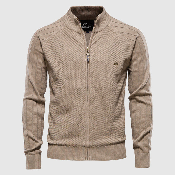 Man in a comfortable full-zip cardigan sweater, side profile. Versatile men's knitwear for casual autumn & winter style.