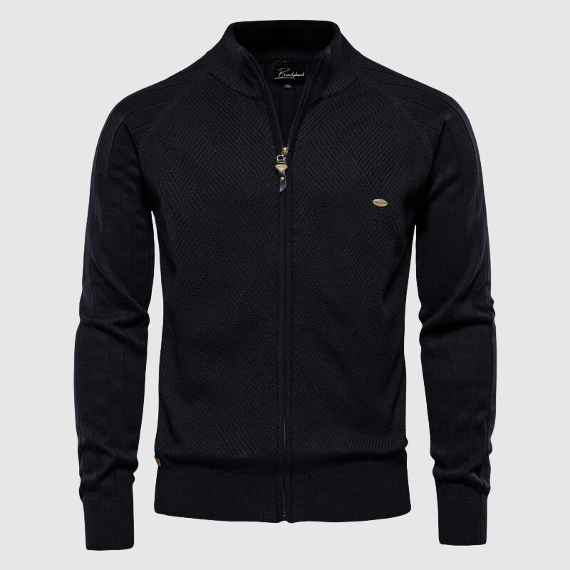 New men's versatile full-zip cardigan sweater, folded. Stylish long-sleeve knitwear for smart casual autumn & winter outfits.