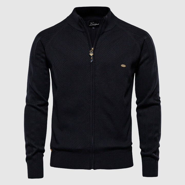 New men's versatile full-zip cardigan sweater, folded. Stylish long-sleeve knitwear for smart casual autumn & winter outfits.