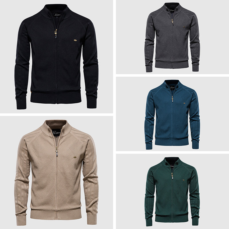 Men's versatile full-zip cardigan sweater. Modern knitwear for casual layering. Comfortable & stylish autumn/winter fashion.