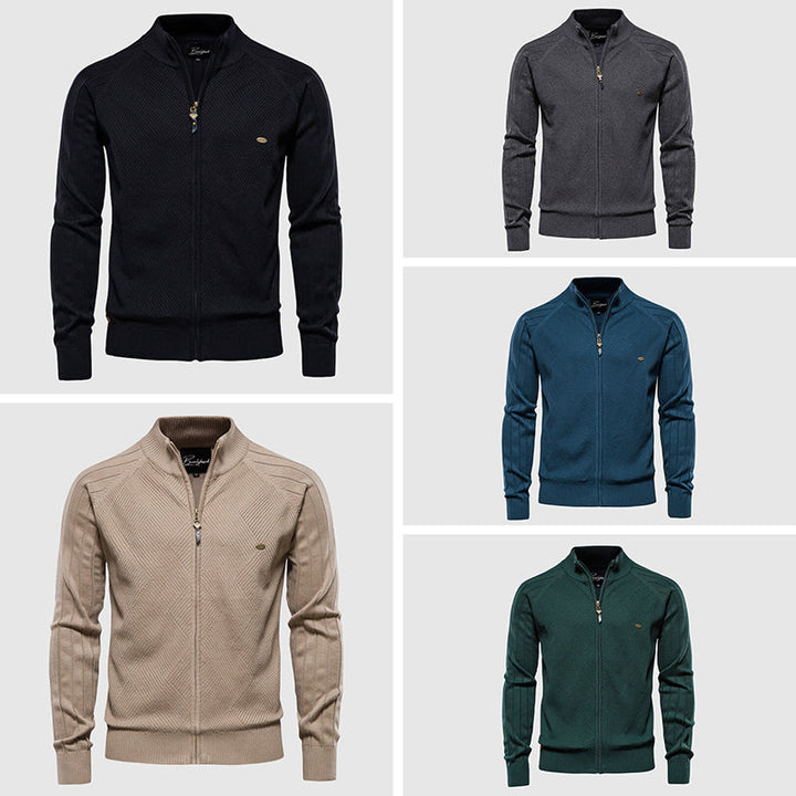Men's versatile full-zip cardigan sweater. Modern knitwear for casual layering. Comfortable & stylish autumn/winter fashion.