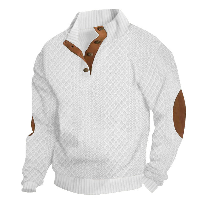 Relaxed fit men's mock neck cable knit sweater, long sleeve, button placket. Comfortable for autumn & winter.