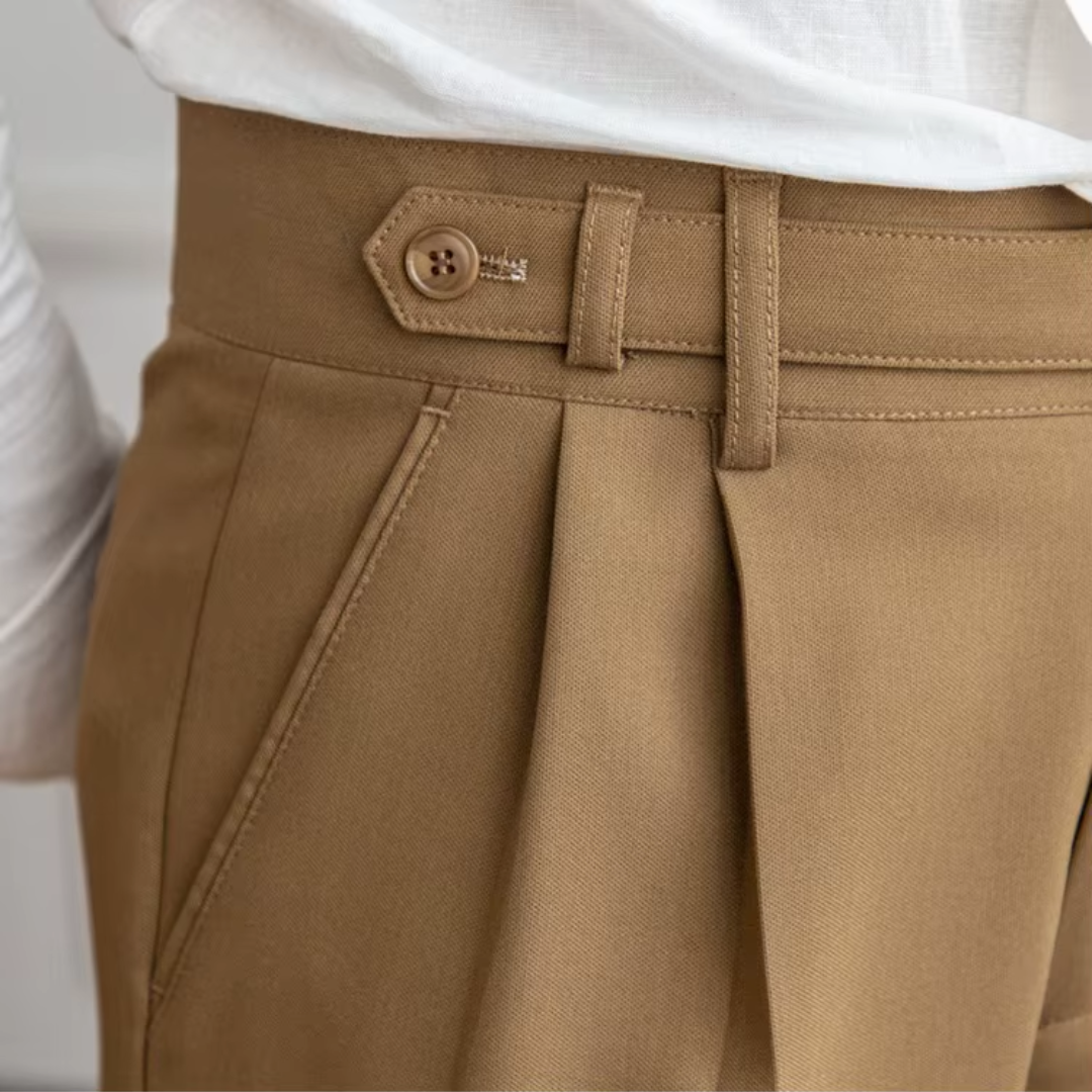 High-waist camel pleated chinos for men, merging classic tailoring with comfort.