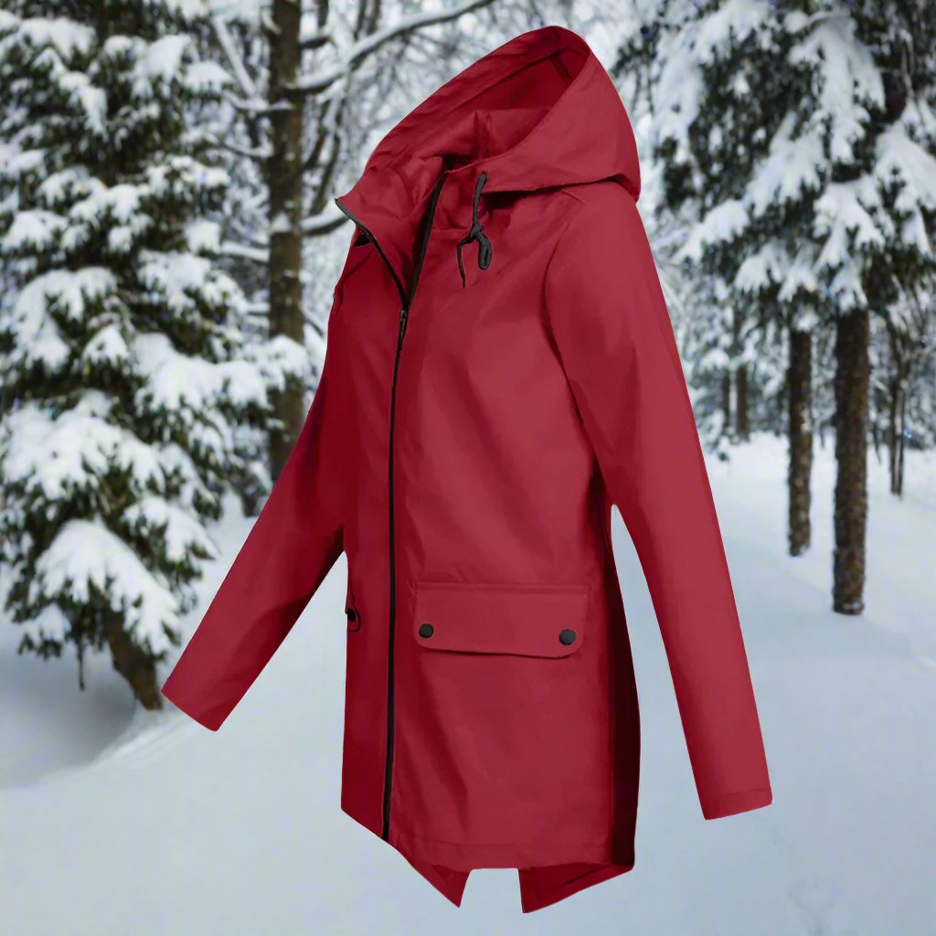Women's casual outerwear: a waterproof hooded raincoat with comfortable adjustable cuffs.