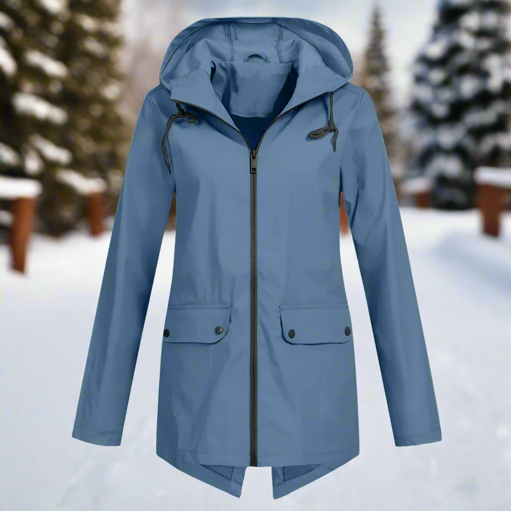 High-quality women's waterproof coat, designed with a hood & adjustable cuffs for protection.