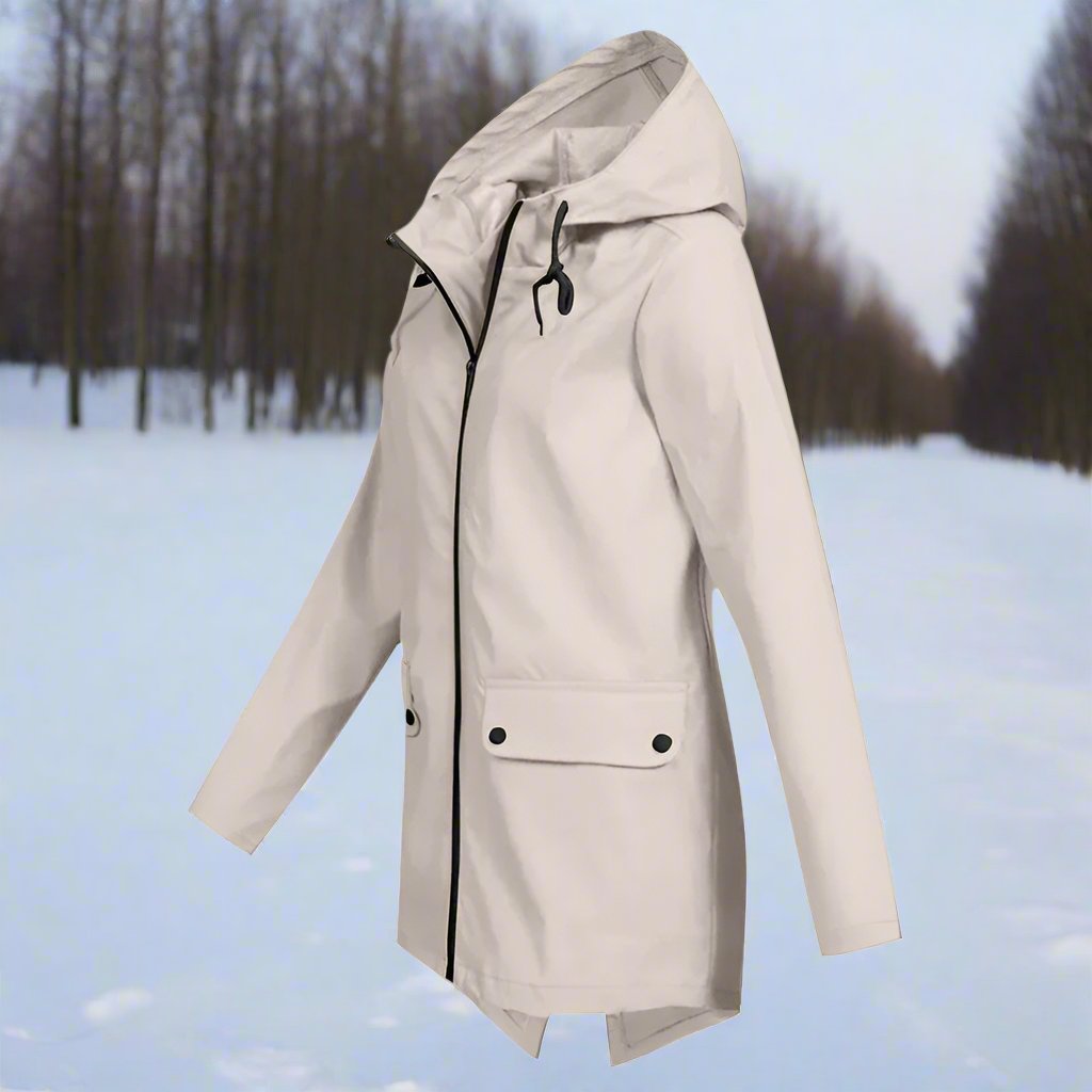 Women's waterproof raincoat with hood, perfect for all-weather protection & outdoor wear.