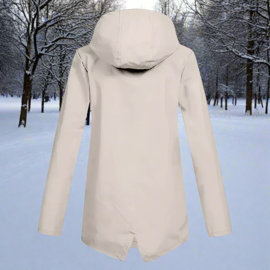 Stylish women's hooded rain jacket featuring adjustable cuffs for ultimate comfort.