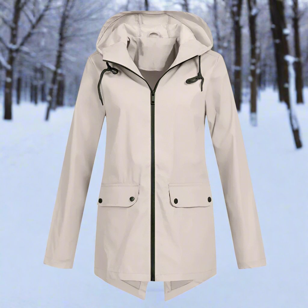 Smart women's all-weather hooded raincoat, offering rain protection & casual style.