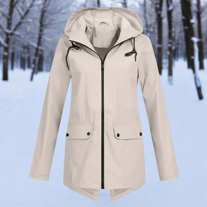 Smart women's all-weather hooded raincoat, offering rain protection & casual style.