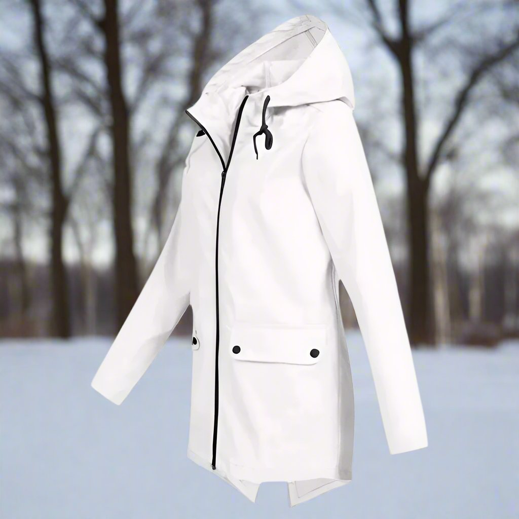 Elegant women's outdoor wear: waterproof hooded coat with adjustable cuffs.