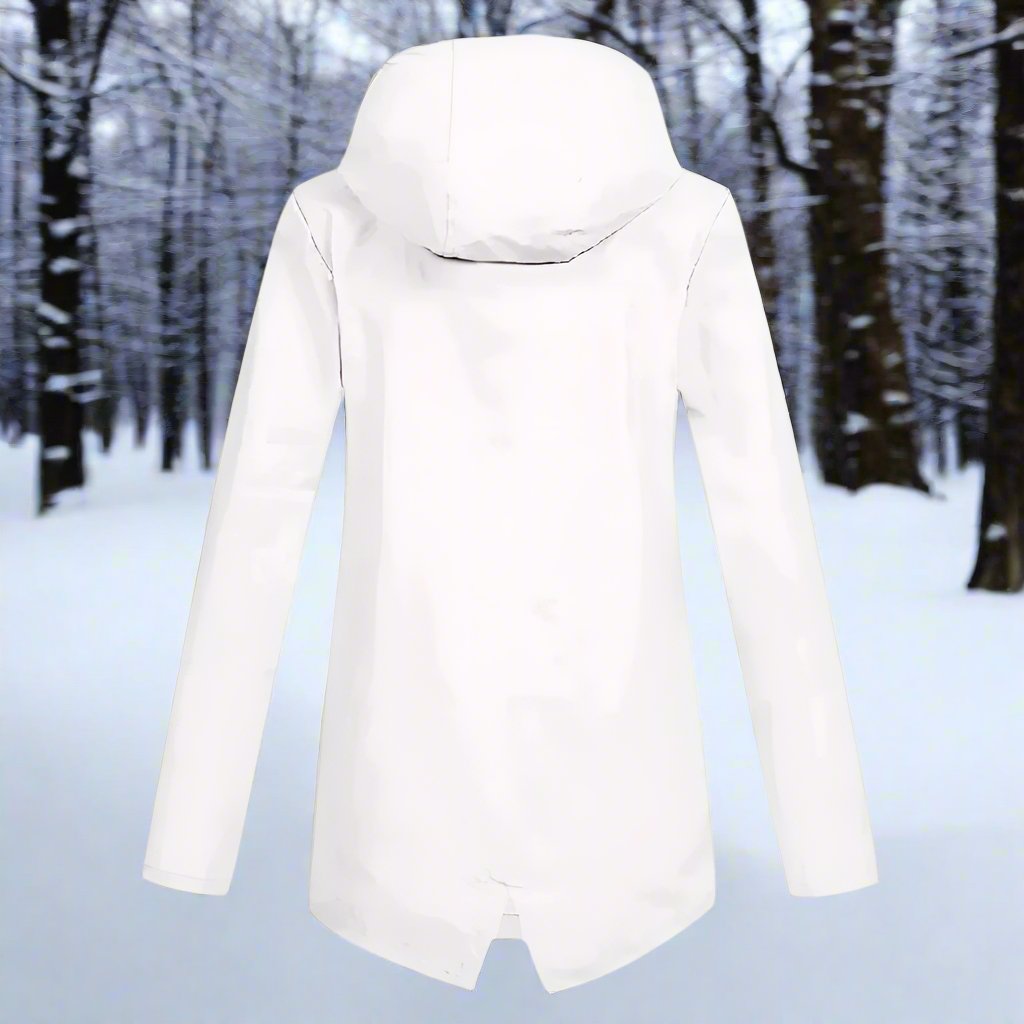 Versatile women's waterproof jacket, an all-weather hooded raincoat for active women.