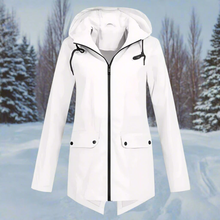 Women's hooded rain jacket, lightweight and waterproof, featuring adjustable cuffs for fit.