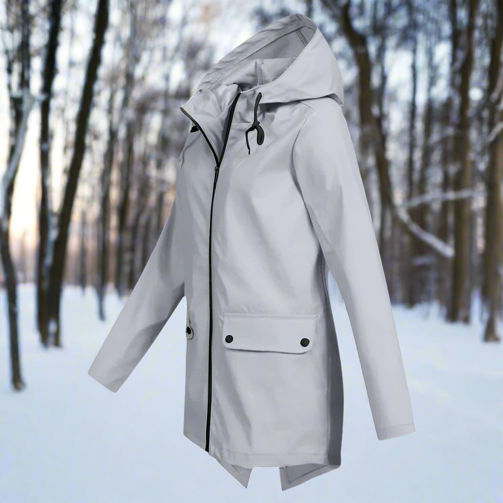 Practical women's rain jacket with adjustable cuffs & hood, great for diverse weather.