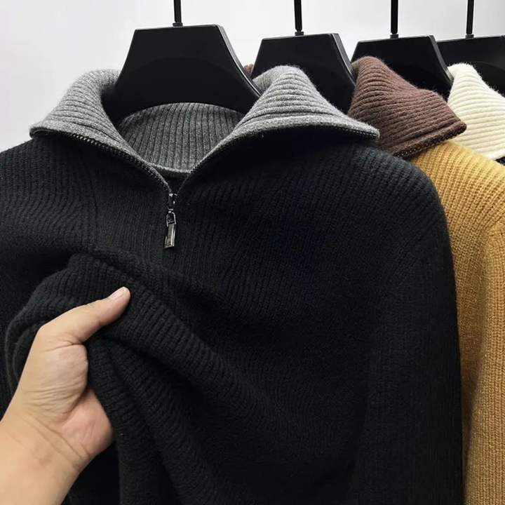 Stylish men's quarter-zip sweater, a versatile long-sleeve pullover for modern fall and winter fashion.