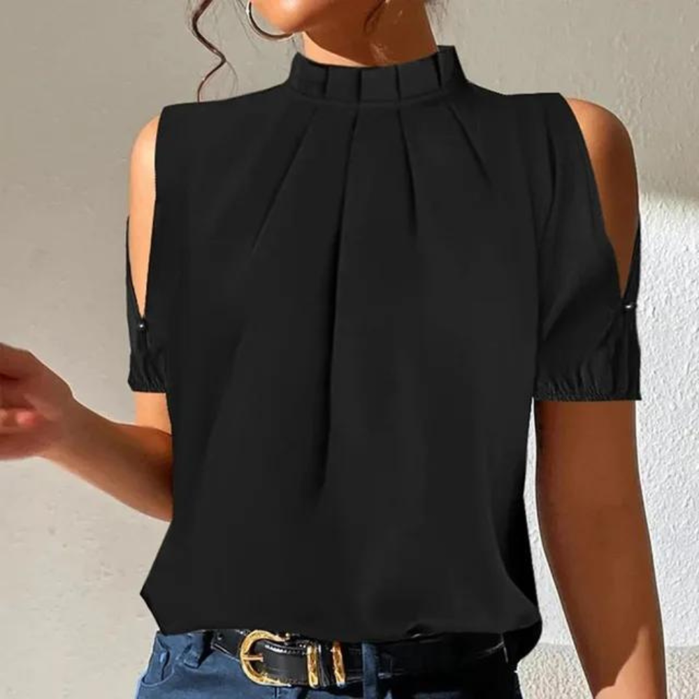 Elegant black pleated women's top with stylish split long sleeves. Perfect for office wear or chic casual outfits.