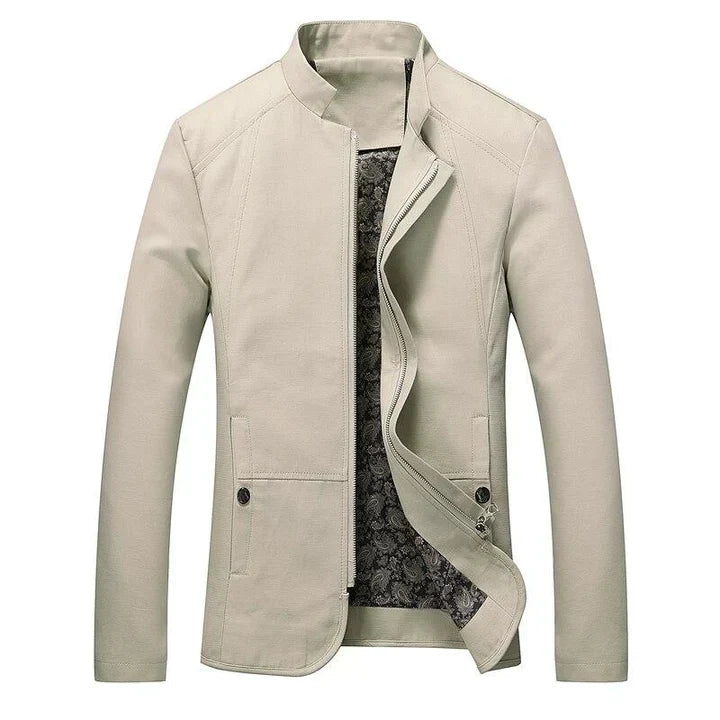 Men's slim-fit lightweight zip-up jacket with a modern band collar, ideal for casual spring & fall wear.