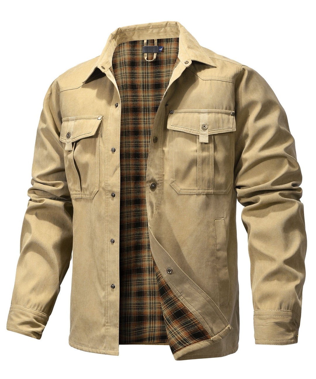 Side profile of men's warm flannel jacket, ideal for versatile layering.