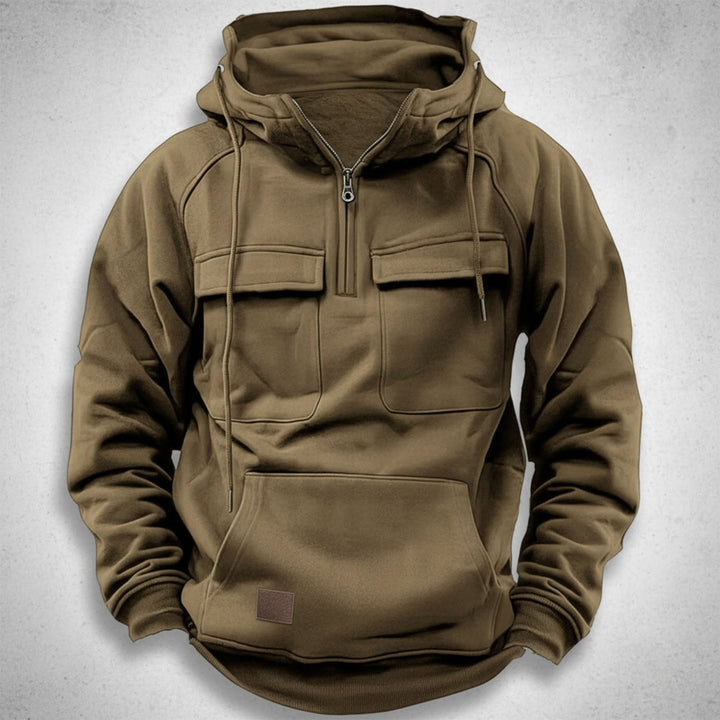 Cozy men's hooded sweatshirt with a practical quarter zip, ideal for versatile winter clothing & casual comfort.