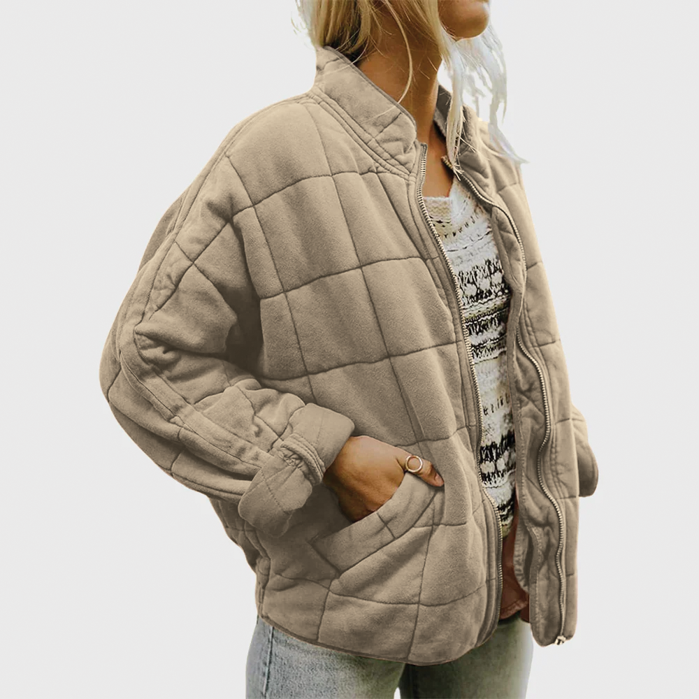 Harper & Lane Women's warm quilted zip jacket in gray, stylish outerwear for chilly fall and winter days.