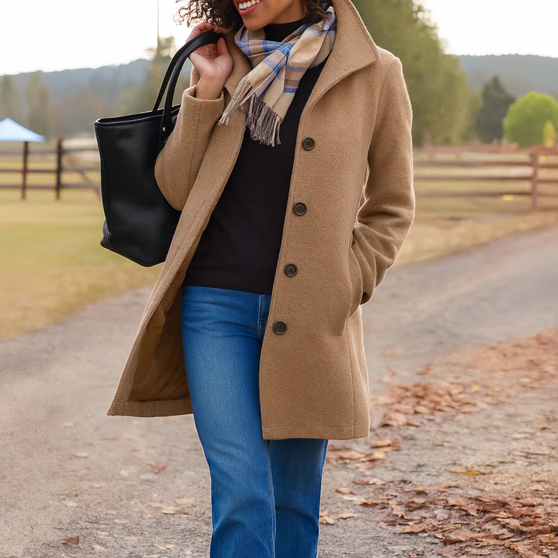 Stylish women's warm long coat in a classic style, ideal elegant outerwear for winter fashion & fall jackets.