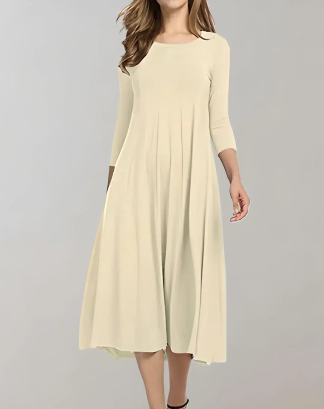 Elegant women's lightweight midi dress with 3/4 sleeves & round neck. Versatile for spring, summer, fall.