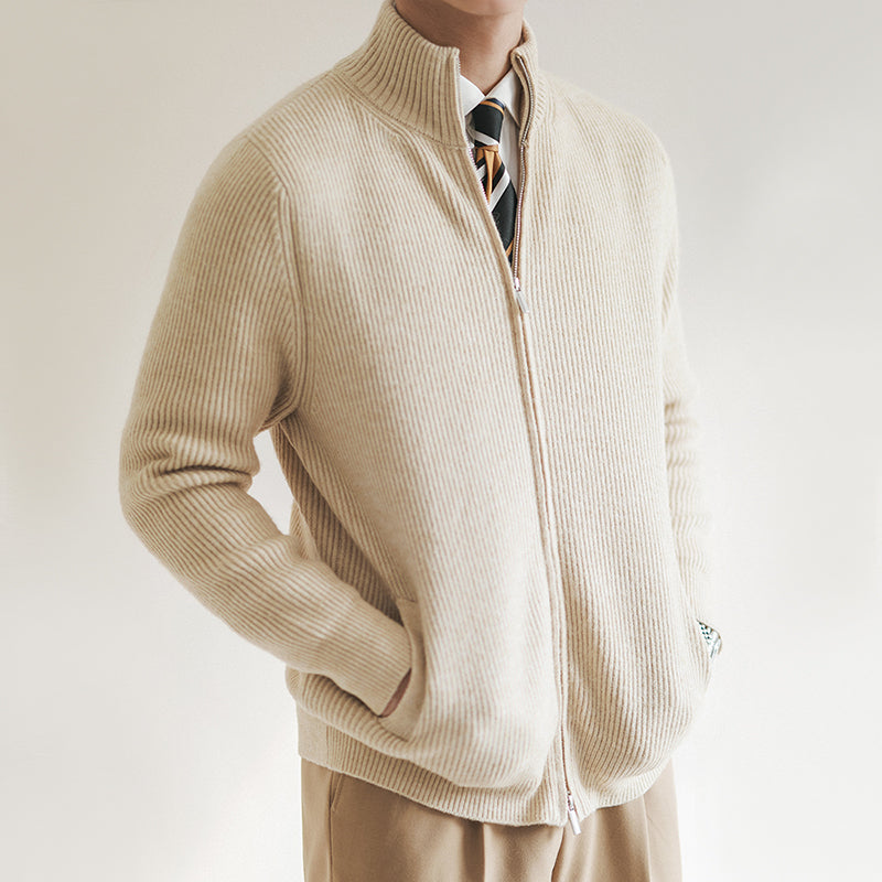Ribbed knit full zip mock neck sweater for men. Stylish & warm men's cardigan, perfect for casual outerwear.