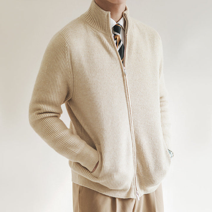 Ribbed knit full zip mock neck sweater for men. Stylish & warm men's cardigan, perfect for casual outerwear.