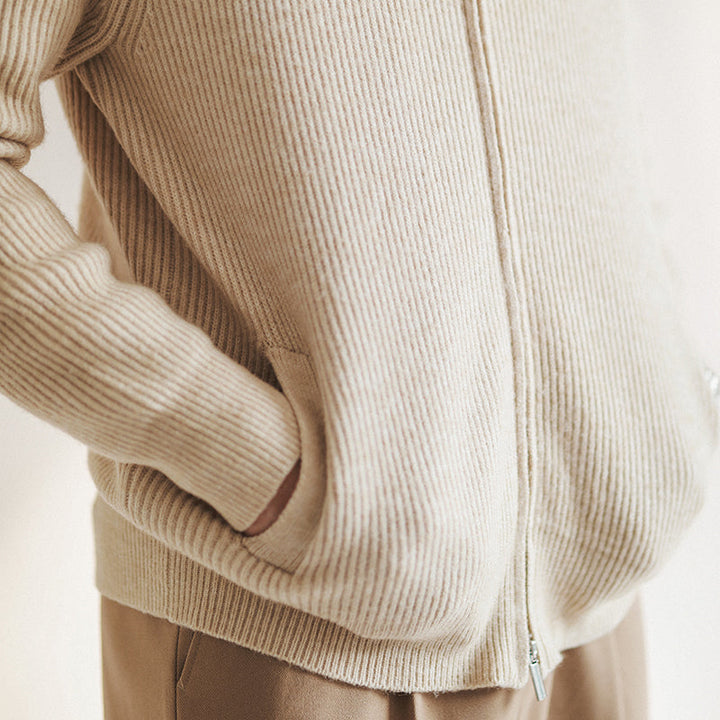 Comfortable men's full zip ribbed knit sweater. Mock neck cardigan, ideal for casual wear & winter layering.