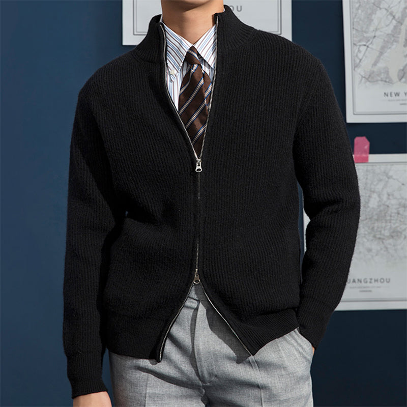 Men's full zip, ribbed knit, mock neck sweater in a modern style. A versatile and warm men's fashion piece.