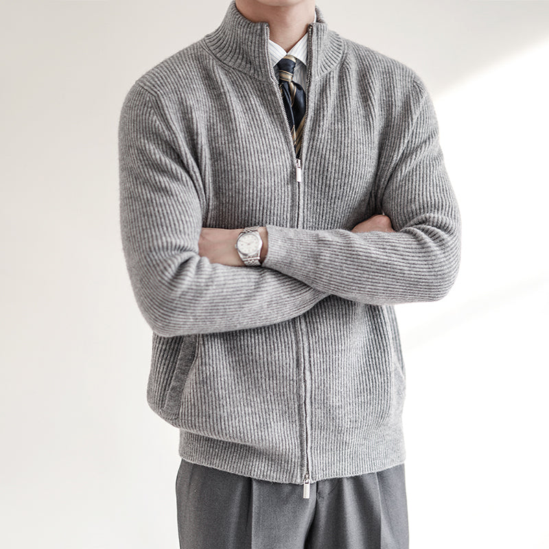 Warm men's full zip ribbed knit mock neck sweater. Perfect casual outerwear or for a stylish layered look.