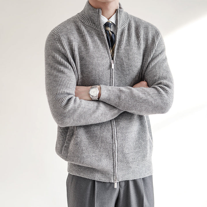 Warm men's full zip ribbed knit mock neck sweater. Perfect casual outerwear or for a stylish layered look.