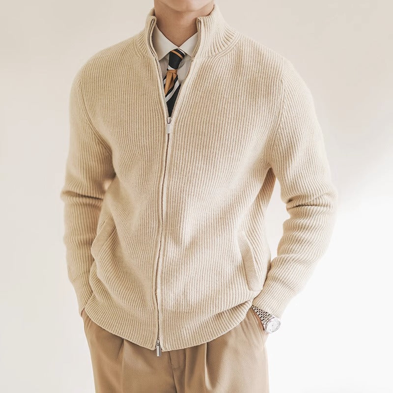 Men's full zip ribbed knit mock neck sweater. Warm & comfortable for winter fashion or casual layered look.