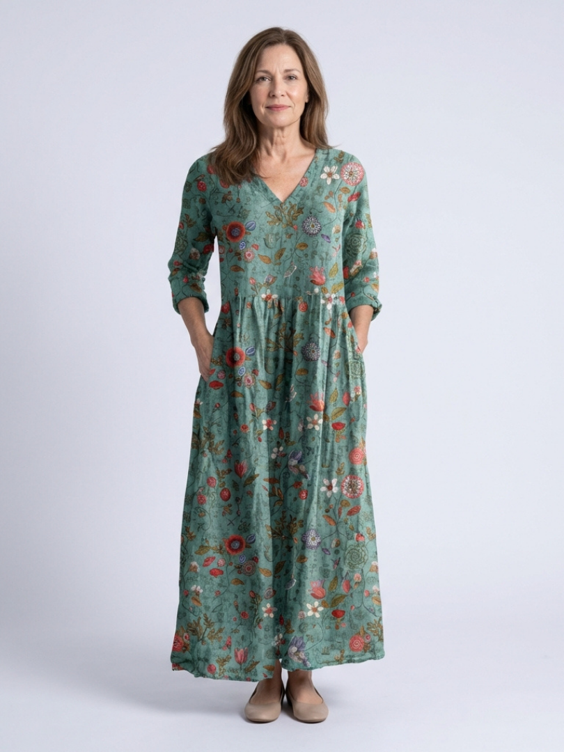 Women's floral V-neck maxi dress with 3/4 sleeves. Flowy summer casual dress with vibrant print.