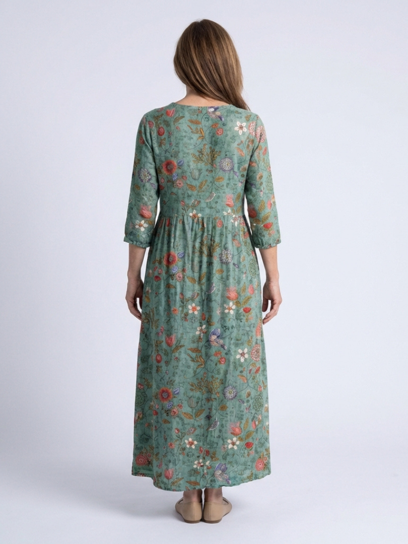 Styling of a women's floral V-neck maxi dress with 3/4 sleeves. A versatile, comfortable summer dress for everyday wear.