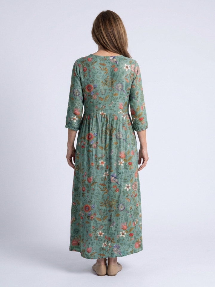 Styling of a women's floral V-neck maxi dress with 3/4 sleeves. A versatile, comfortable summer dress for everyday wear.