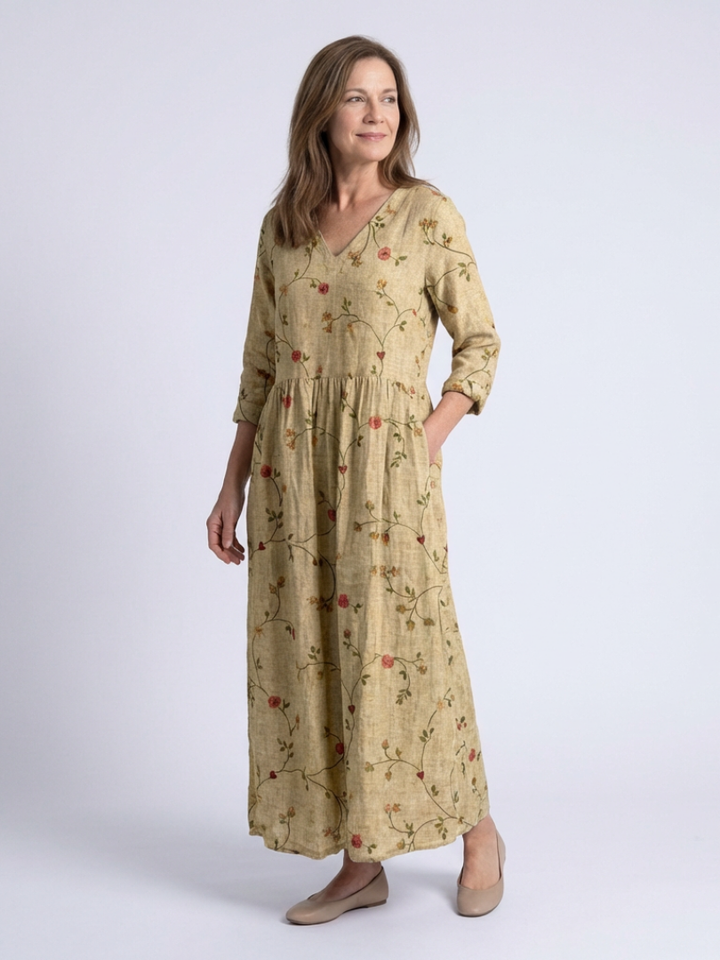 Chic women's floral V-neck maxi dress with 3/4 sleeves. Flowy, comfortable, and perfect for summer everyday casual style.