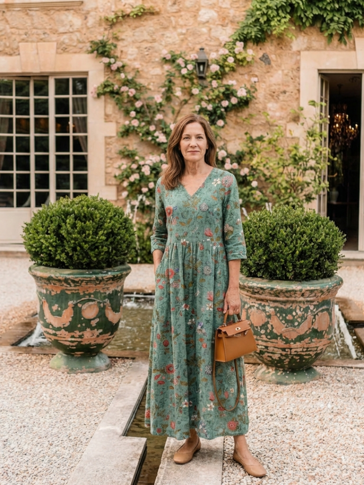 Soft, flowy floral maxi dress with comfortable 3/4 sleeves and a V-neck. Essential women's casual summer attire.