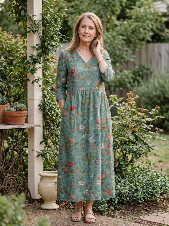 Elegant V-neck floral maxi dress for women, featuring comfortable 3/4 sleeves. Ideal for relaxed summer style.