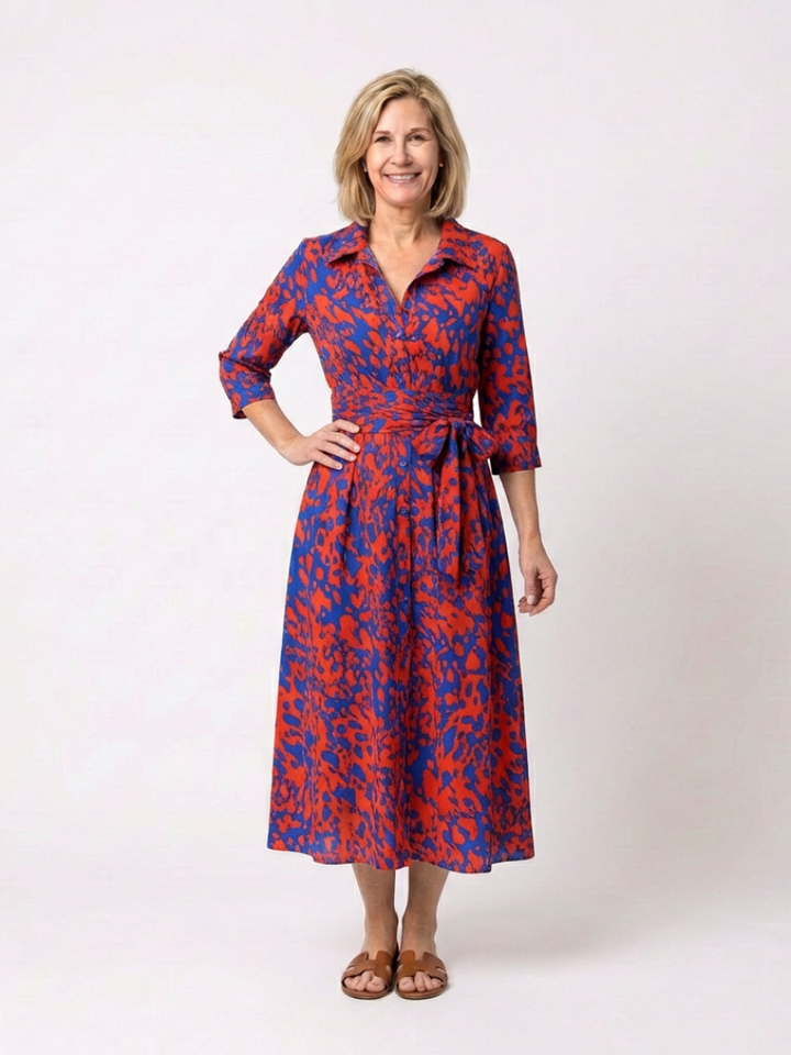 Elegant long sleeve women's midi dress. Collared, with a defining waist tie for a flattering silhouette & versatile style.