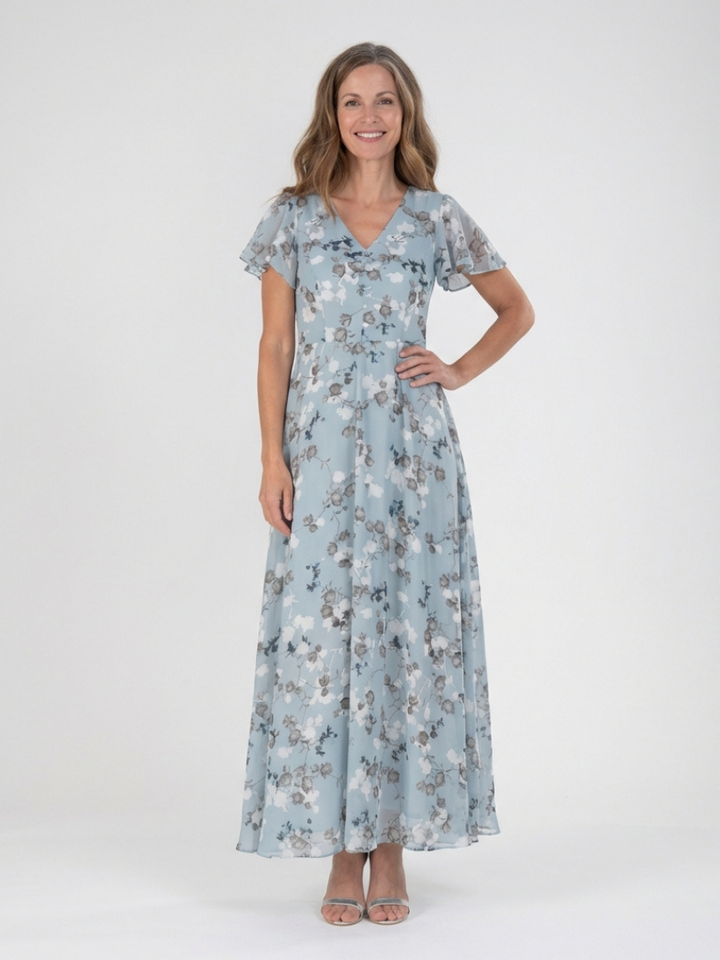 Women's floral maxi dress with elegant flutter sleeves, perfect for summer parties & events.