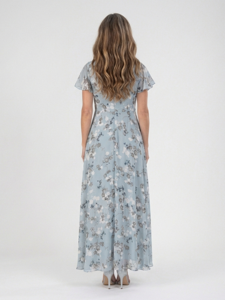 Elegant women's floral maxi dress with flutter sleeves, a beautiful choice for summer events & parties.