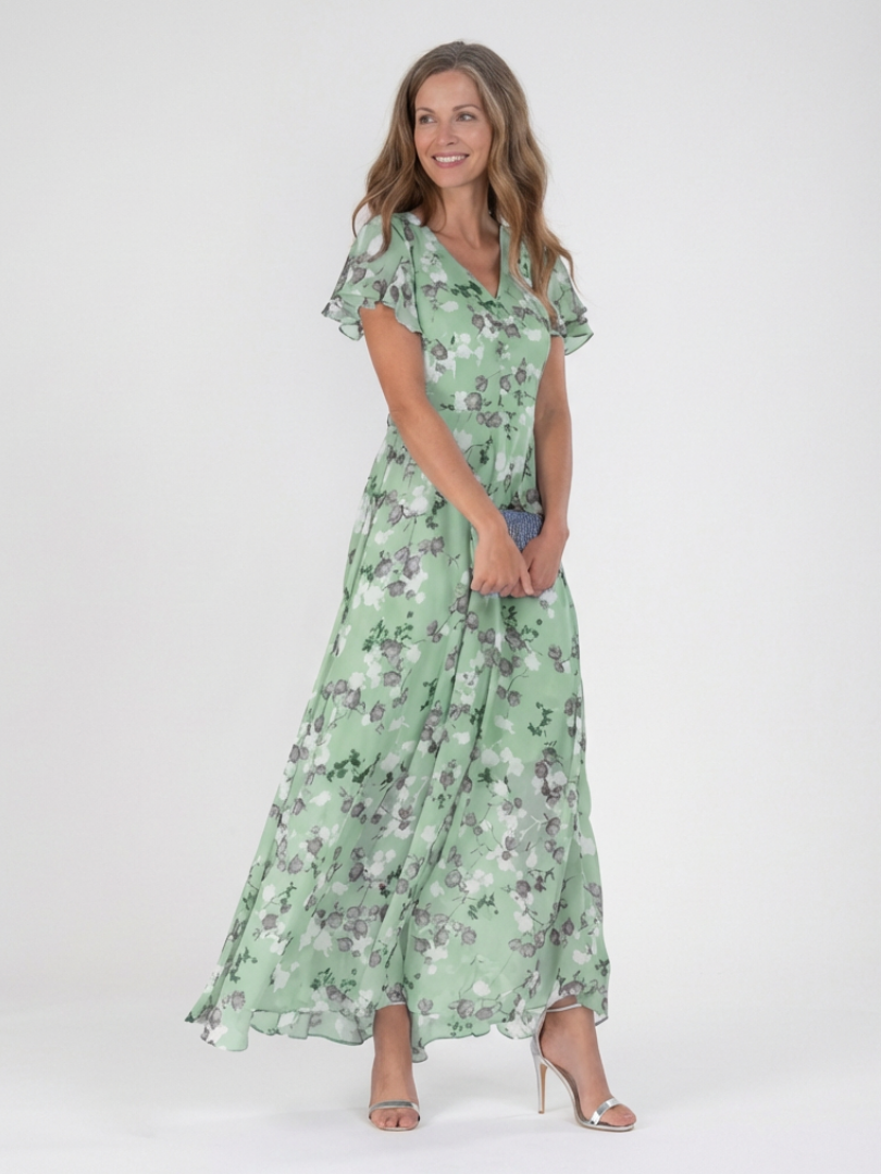 Women's vibrant floral maxi dress with delicate flutter sleeves, perfect for summer and casual wear.