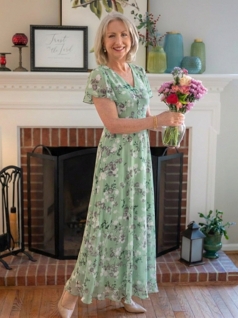 Close-up of women's floral maxi dress fabric, showing flutter sleeves detail. Elegant summer style.
