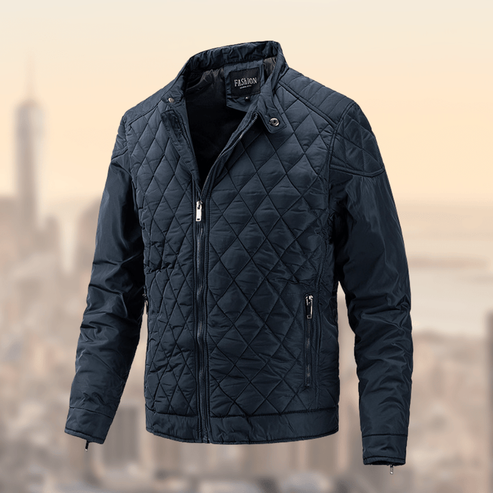 Men's quilted lightweight bomber jacket, ideal for spring/fall outerwear. Casual zip-up style with stand collar.